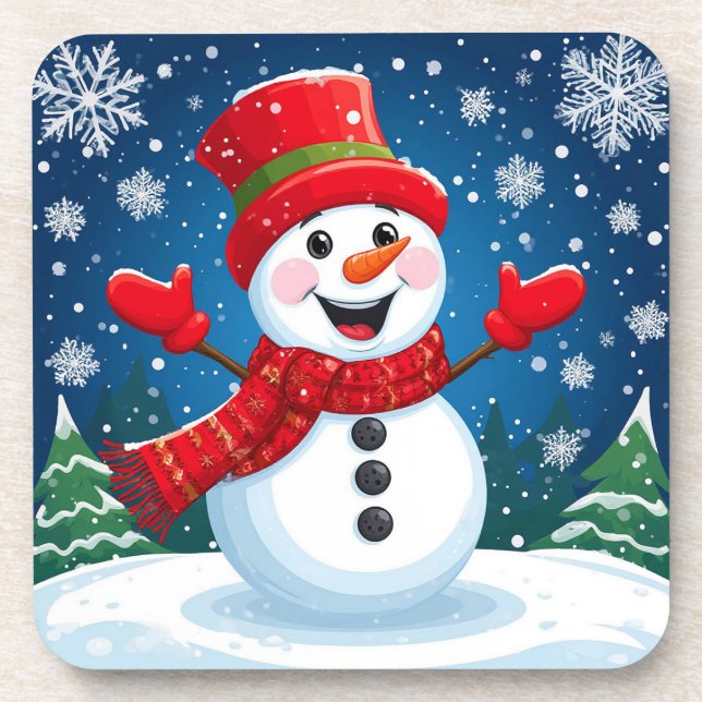 Cheerful Snowman in Red Scarf and Hat Coaster (Front)