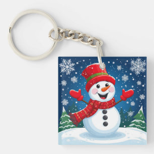 Cheerful Snowman in Red Scarf and Hat Key Ring