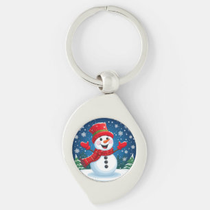 Cheerful Snowman in Red Scarf and Hat Key Ring