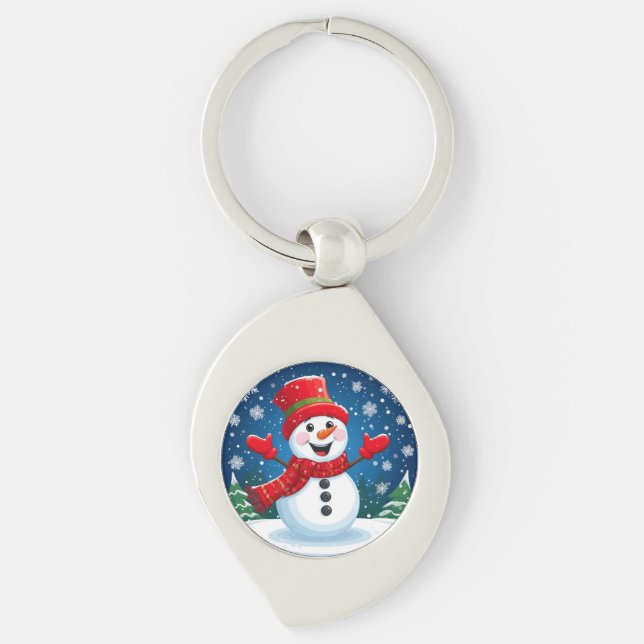 Cheerful Snowman in Red Scarf and Hat Key Ring (Front)