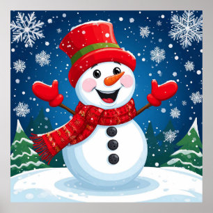Cheerful Snowman in Red Scarf and Hat Poster