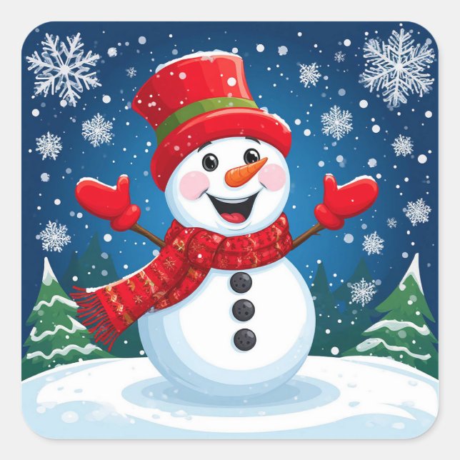 Cheerful Snowman in Red Scarf and Hat Square Sticker (Front)