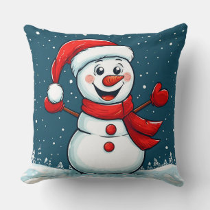 Cheerful Snowman in Santa Hat with Scarf Cushion