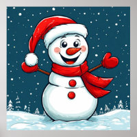 Cheerful Snowman in Santa Hat with Scarf