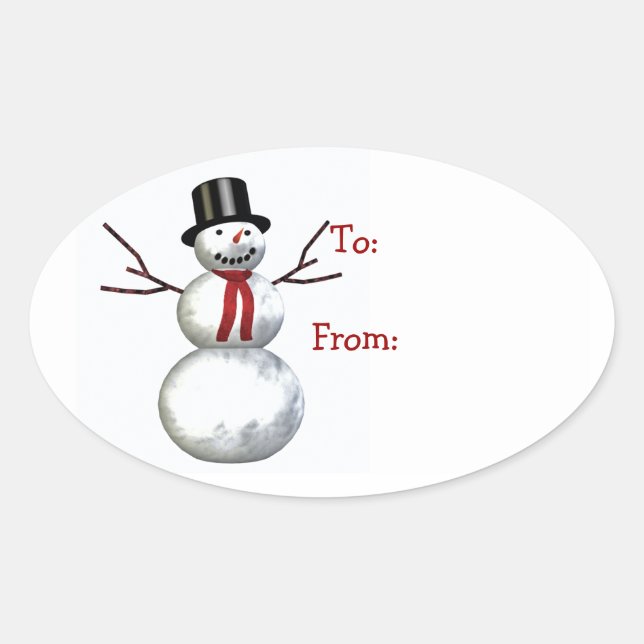 cheerful snowman in top hat oval sticker (Front)