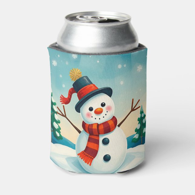 Cheerful Snowman in Winter Landscape Can Cooler (Can Back)