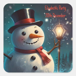 Cheerful Snowman Party Invitation - Festive Card. Square Sticker