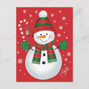 Cheerful Snowman Plaid Scarf Red Christmas Holiday