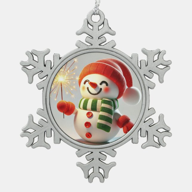 Cheerful Snowman Snowflake Pewter Christmas Ornament (Front)