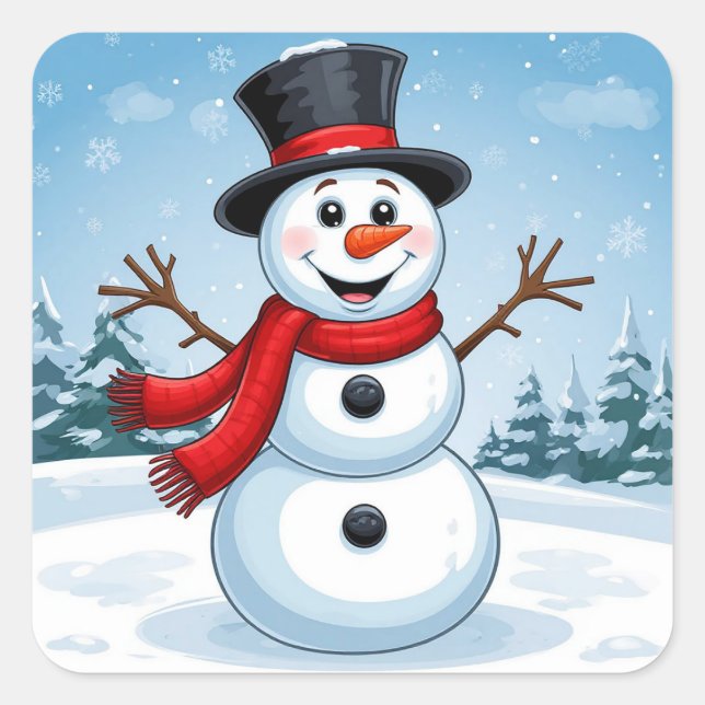 Cheerful Snowman Square Sticker (Front)
