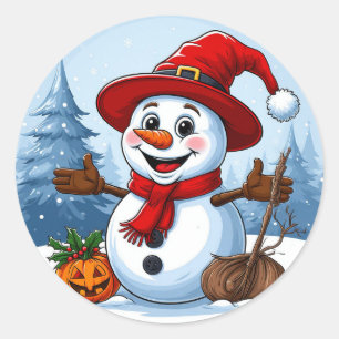 Cheerful Snowman Wearing a Santa Hat Classic Round Sticker