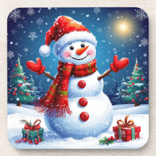 Cheerful Snowman Wearing a Santa Hat Coaster