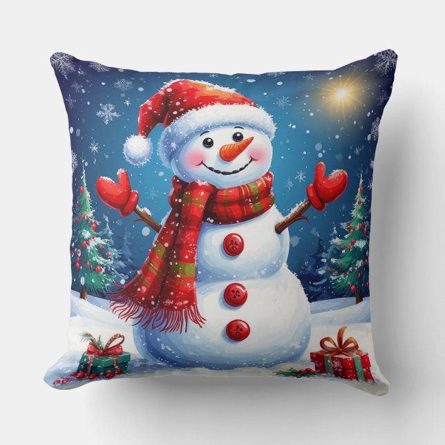 Cheerful Snowman Wearing a Santa Hat Cushion (Front)
