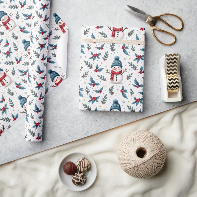 Cheerful Snowman & Winter Foliage Pattern Wrapping Paper (Crafts)