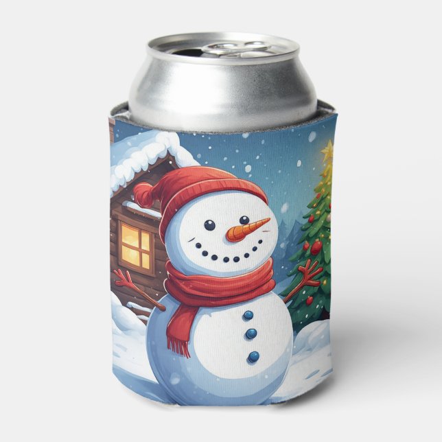 Cheerful Snowman with Christmas Tree Can Cooler (Can Front)