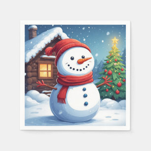 Cheerful Snowman with Christmas Tree Napkin