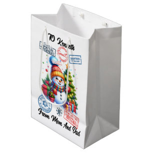 Cheerful Snowman With Gifts and Holiday Stickers Medium Gift Bag