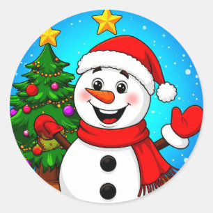 Cheerful Snowman With Santa Hat and Scarf Classic Round Sticker