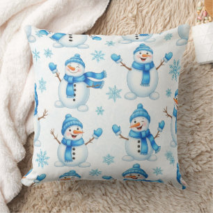 Cheerful Snowmen and Blue Snowflakes – Winter Cushion