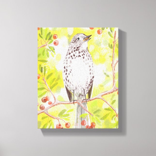 Cheerful Song Thrush in spring yellows and greens Canvas Print (Front)