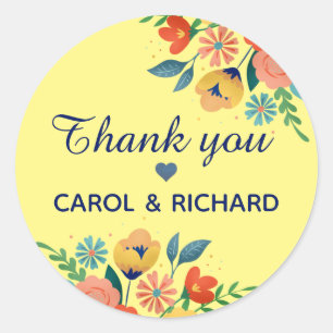 Cheerful Spring Floral Yellow Custom Thank You Classic Round Sticker
