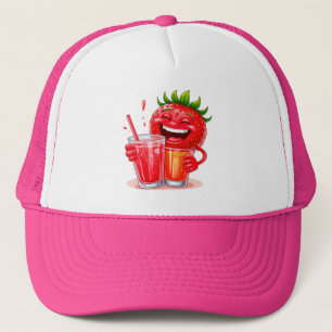 Cheerful Strawberry Character Enjoying Trucker Hat