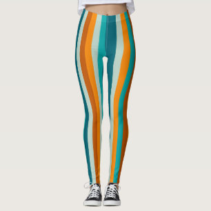 Cheerful Stripes Vertical Aqua Orange Rust Leggings