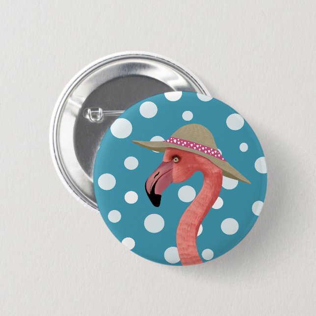 Cheerful Summer Flamingo Blue Polka Dot summer hat 6 Cm Round Badge (Front & Back)