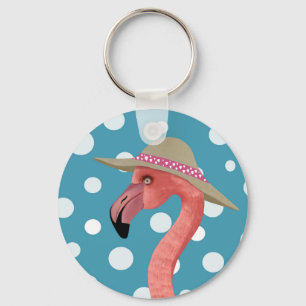 Cheerful Summer Flamingo Blue Polka Dot Summer Hat Key Ring