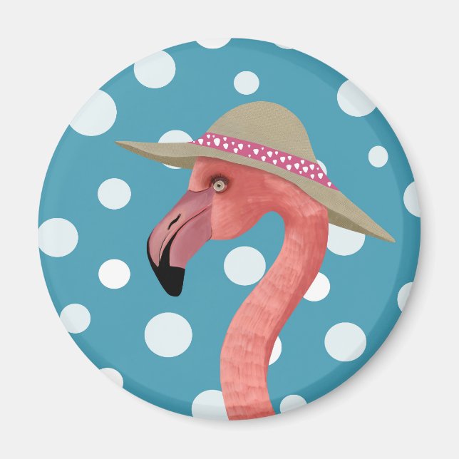 Cheerful Summer Flamingo Blue Polka Dot summer hat Magnet (Front)