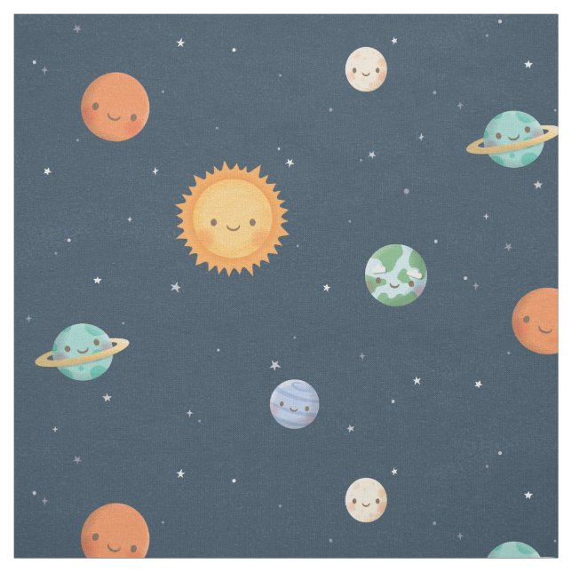 Cheerful Sun and Planets Space Theme Fabric (Swatch)