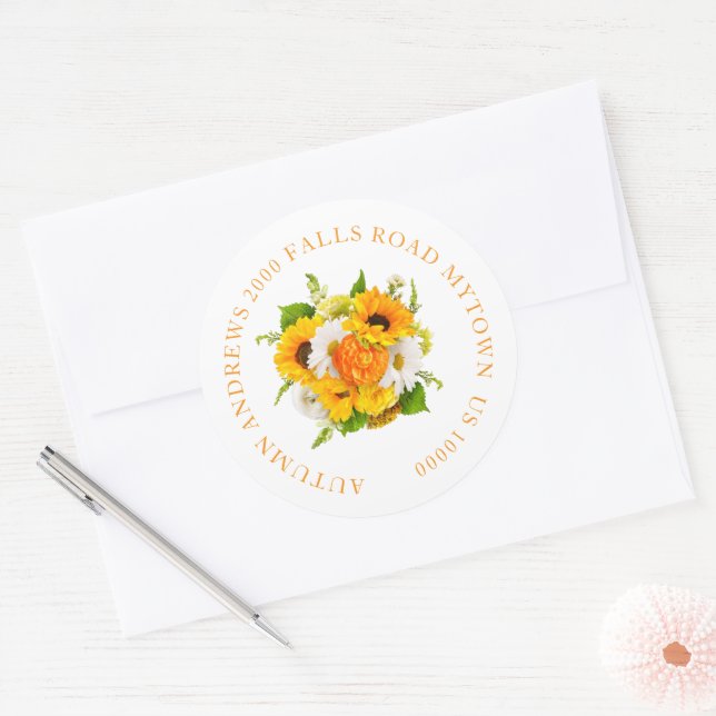CHEERFUL SUNFLOWER  FLORAL NAME & ADDRESS CLASSIC ROUND STICKER (Envelope)