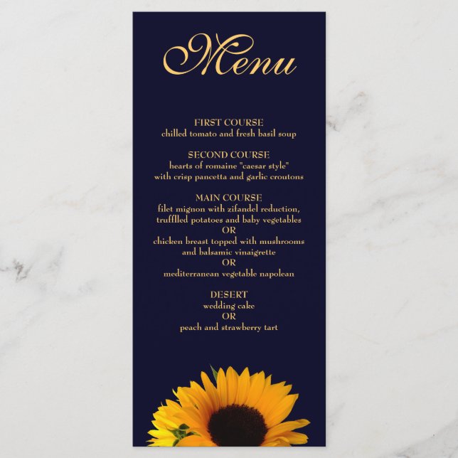 Cheerful Sunflower in Navy Blue Dinner Menu (Front)