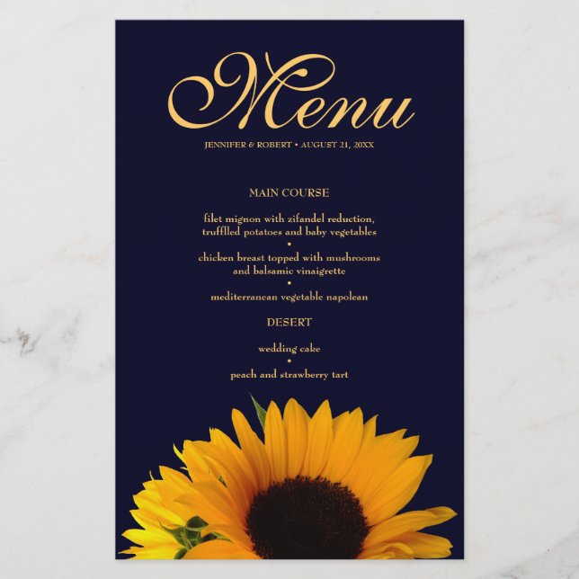 Cheerful Sunflower Wedding Dinner Menu Card (Front)
