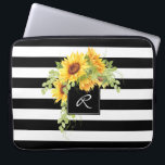 Cheerful Sunflowers and Stripes with Monogram Laptop Sleeve<br><div class="desc">A bouquet of cheerful sunflowers spills over a square frame surrounding your monogram in this stripes and floral design. Colours are black and white with floral bouquet in yellow and green with brown centres. Insert your monogram in place of the sample monogram shown in the design template.</div>