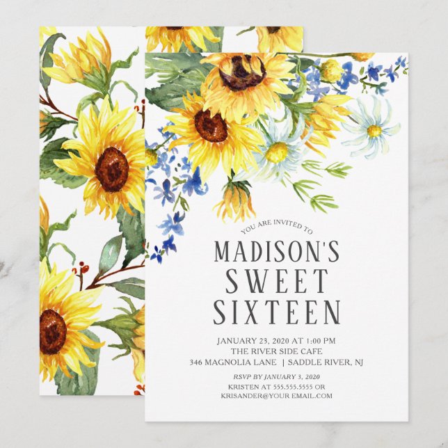 Cheerful Sunflowers Sweet Sixteen Birthday Party Invitation (Front/Back)