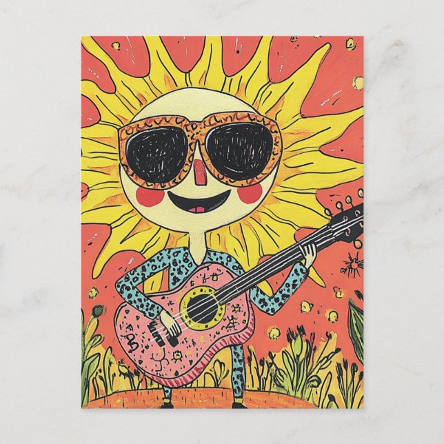 Cheerful Sunshine Playing Guitar in a blue shirt Postcard (Front)