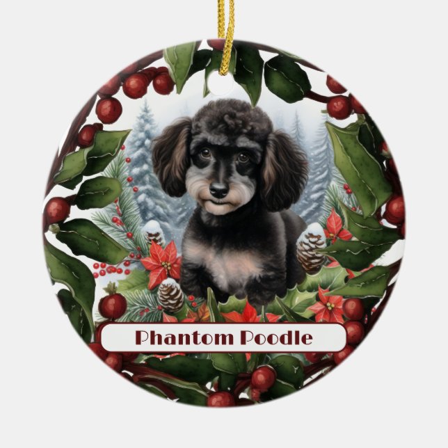 Cheerful Teacup Phantom Poodle Christmas Ceramic Tree Decoration (Front)