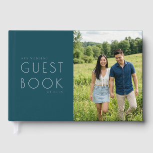 Cheerful Teal Minimalist Photo Guest Book