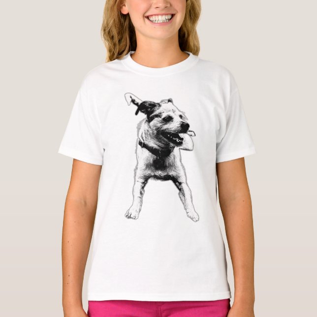 Cheerful Terrier Mix Graphic Tee (Front)