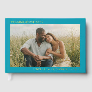 Cheerful Turquoise Minimalist Photo Guest Book