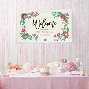 Cheerful turquoise & orange bright folk flowers banner