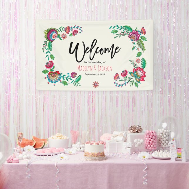 Cheerful turquoise & orange bright folk flowers banner (Party)