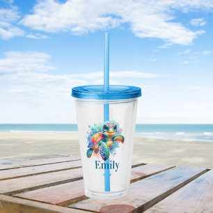 Cheerful Turtle Design Acrylic Tumbler