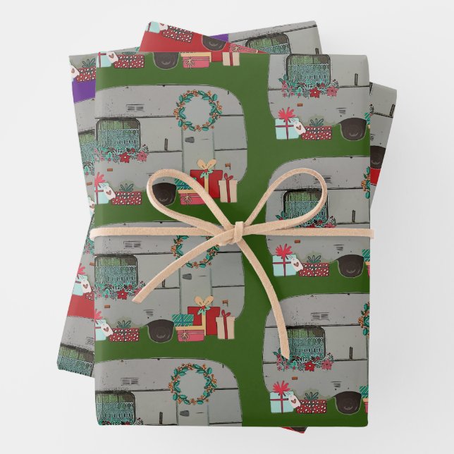 Cheerful Vintage Caravan Travel Trailer Holiday Wrapping Paper Sheet (In situ)