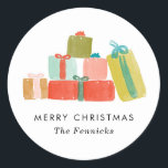 Cheerful Watercolor Christmas Presents Classic Round Sticker<br><div class="desc">Classic Colours Simple Modern Watercolor Christmas Gifts Presents Stripe Holiday Gift Tag Stickers</div>