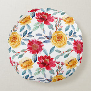 Cheerful Watercolor Floral Pattern in Yellow Rose Round Cushion