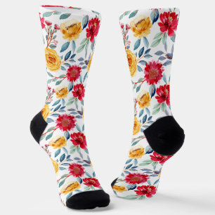 Cheerful Watercolor Floral Pattern in Yellow Rose Socks