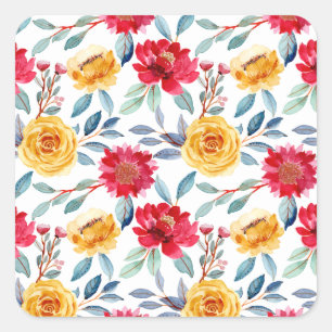 Cheerful Watercolor Floral Pattern in Yellow Rose Square Sticker