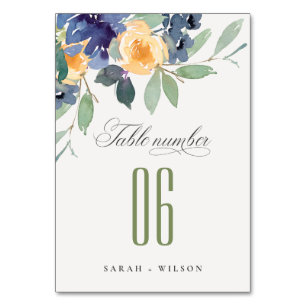 Cheerful Watercolor Yellow Blue Floral Wedding Table Number